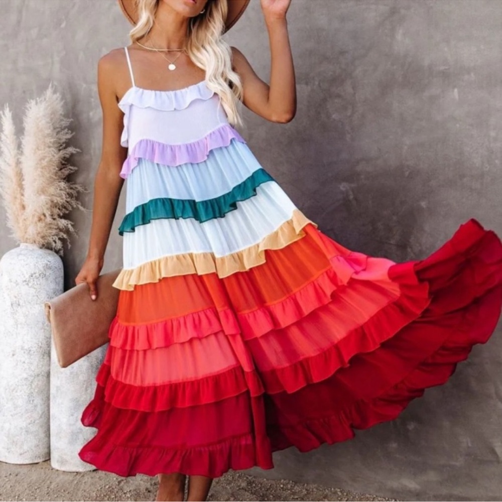 NWOT Storia Rainbow Tiered Ruffled Midi Dress Women’s Small - Picture 5 of 13